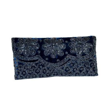 Handcrafted Velvet Beaded Clutch Bag with Chain Strap in Navy Blue Floral Design